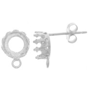 Clous d'oreilles serti cabochon 6 mm décor couronne & anneau fermé - Argent 925 x2|raw }}