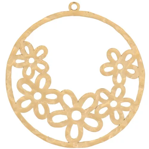 Pendentif cercle évidé martelé avec fleurs 30 mm - Acier inox 316L Doré x1
