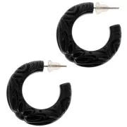 Créoles larges en résine opaque 30 mm - fleur gravée - Noir x2