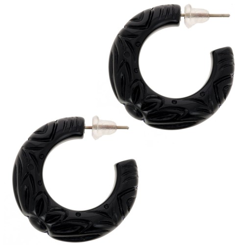 Créoles larges en résine opaque 30 mm - fleur gravée - Noir x2