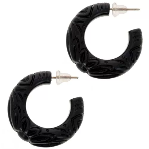 Créoles larges en résine opaque 30 mm - fleur gravée - Noir x2