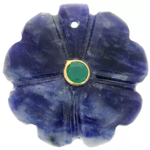 Pendentif trèfle 21 mm pierre gemme avec serti Doré Or fin - Sodalite - Onyx vert