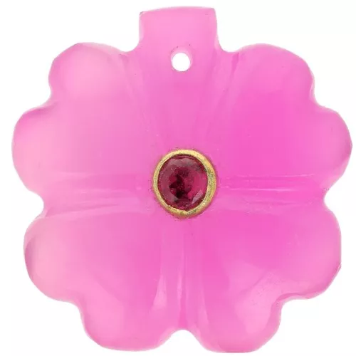 Pendentif trèfle 21mm pierre gemme teintée & serti Doré - Calcédoine rose - Grenat