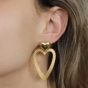 Clous d'oreilles coeurs bombés 14x14 mm - anneau ouvert - Acier inox 304L Doré x2
