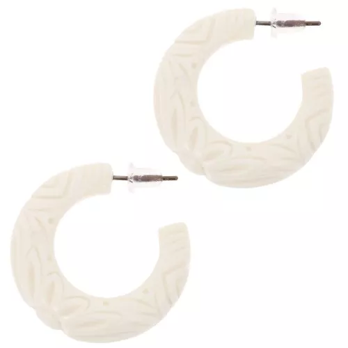 Créoles larges en résine 30 mm - fleur gravée - Ecru x2