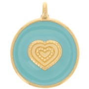 Pendentif rond motif coeur 21 mm - Résine époxy - Doré à l'or fin - Turquoise x1