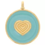 Pendentif rond motif coeur 21 mm - Résine époxy - Doré à l'or fin - Turquoise x1
