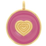 Pendentif rond motif coeur 21 mm - Résine époxy - Doré à l'or fin - Rose Foncé x1