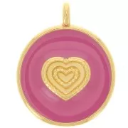 Pendentif rond motif coeur 21 mm - Résine époxy - Doré à l'or fin - Rose Foncé x1