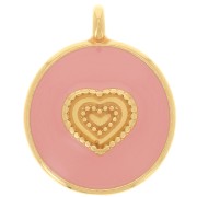Pendentif rond motif coeur 21 mm - Résine époxy - Doré à l'or fin - Rose clair x1|raw }}