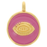 Pendentif rond motif oeil 18 mm - Résine époxy - Doré à l'or fin - Rose foncé x1