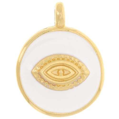 Pendentif rond motif oeil 18 mm - Résine époxy - Doré à l'or fin - Blanc x1