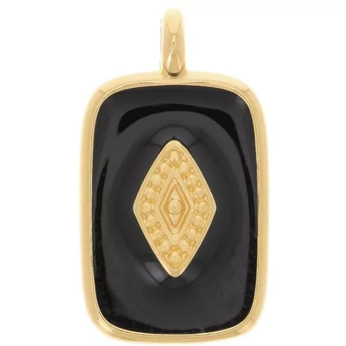 Pendentif rectangle 21x12mm avec résine époxy - Doré à l'or fin - Noir x1