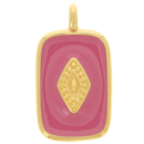 Pendentif rectangle  21x12mm avec résine époxy - Doré à l'or fin - Rose foncé x1