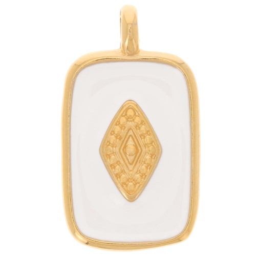 Pendentif rectangle  21x12mm avec résine époxy - Doré à l'or fin - Blanc x1