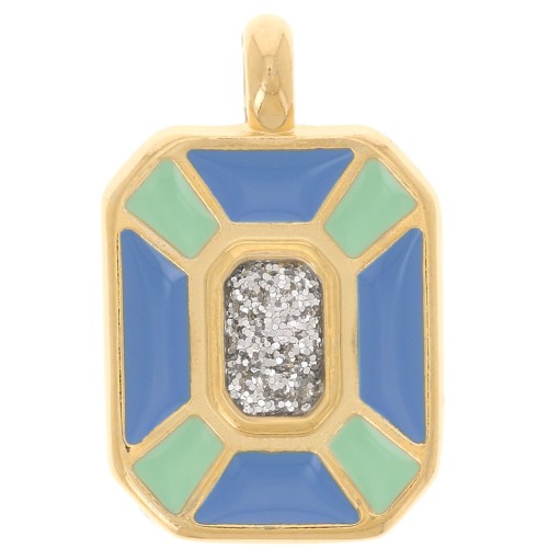 Pendentif rectangle 19x12mm avec résine époxy - Doré à l'or fin - Vert - Bleu x1