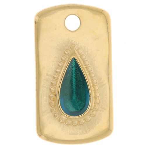 Pendentif rectangle 20x11mm avec goutte résine époxy - Doré à l'or fin - Vert x1