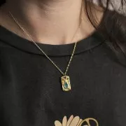 Pendentif rectangle 20x11mm avec goutte résine époxy - Doré à l'or fin - Vert x1