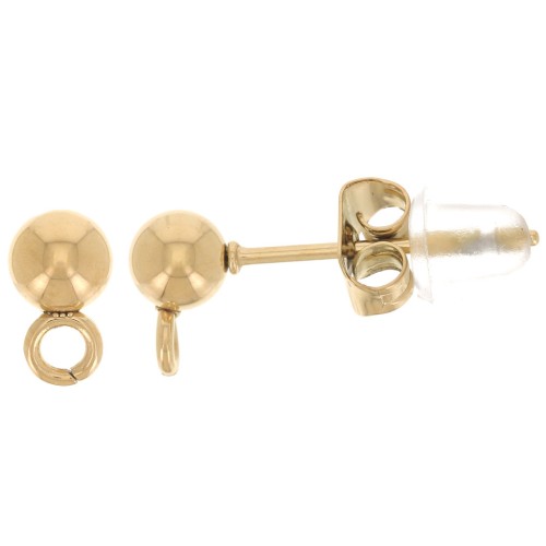 Clous d'oreilles boule 4 mm - anneau perpendiculaire - Acier inox 303L Doré x2