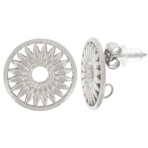 Clous d'oreilles ronds 15 mm - motif fleur ajourée - Acier inoxydable 304L x2