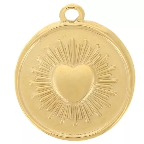 Pendentif rond 18 mm - motif coeur - Acier inoxydable 304 Doré x1