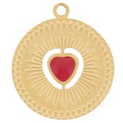 Breloque ronde 13mm - motif coeur avec résine époxy - Acier inox 304 Doré - Rouge|raw }}