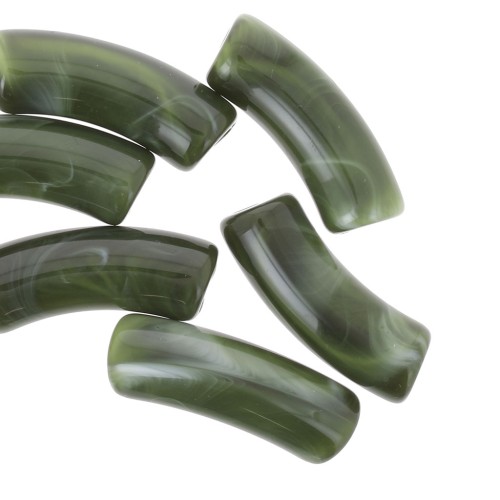 Perles tube incurvé 35x11 mm en acrylique transparente - Marbré Vert foncé x6