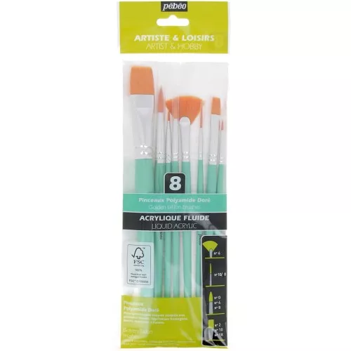 Set de 8 pinceaux polyamide Pébéo - manches courts - Doré
