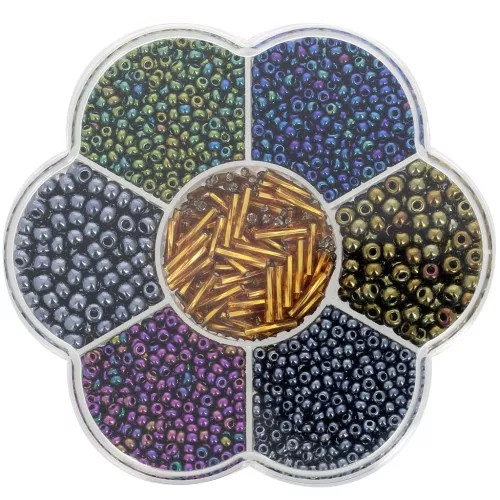 Assortiment de perles rocailles Preciosa avec boîte fleur - Metallique x1