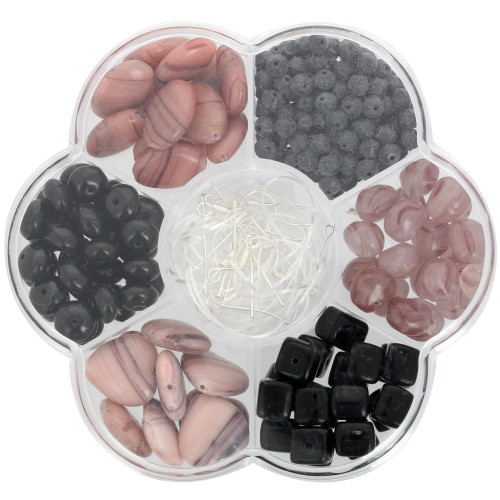 Assortiment de perles Preciosa avec boîte fleur et accessoires - Noir - Rose foncé