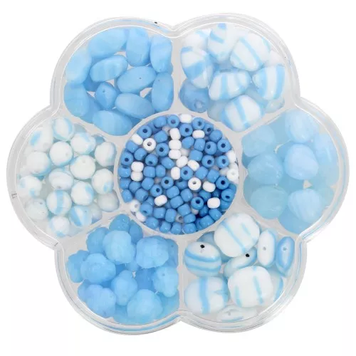 Assortiment de perles rocailles Preciosa avec boîte fleur - Aqua - Blanc x1