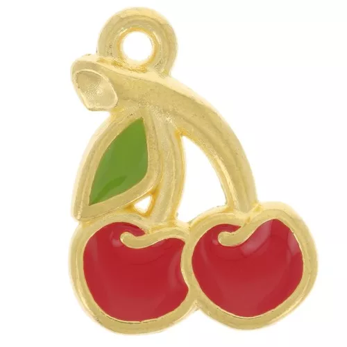Breloque cerise 18x13 mm avec résine époxy - Doré à l'or fin - Rouge x1