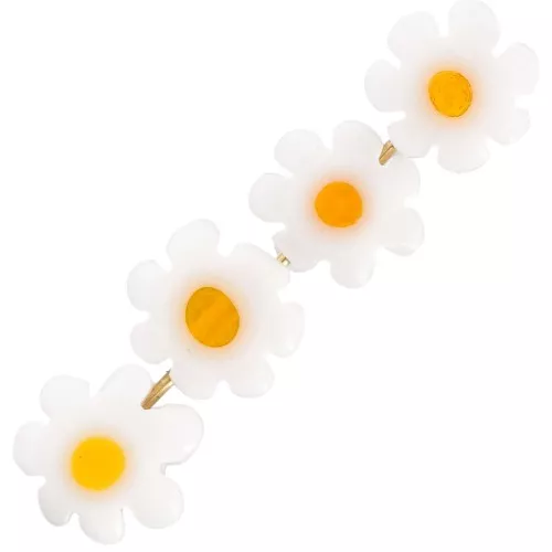Perles fleur marguerite 9-7 mm en verre - Blanc - Jaune orangé x4