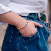 Bracelet jonc réglable 7x160mm 3 cabochons Lapis lazuli - Acier inox 304L Doré x1