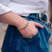 Bracelet jonc réglable 7x160mm 3 cabochons Lapis lazuli - Acier inox 304L Doré x1