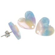 Clous d'oreilles coeur en acétate 14x15.5 mm - Ecaille de tortue Bleu - Rose x2