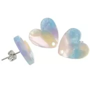 Clous d'oreilles coeur en acétate 14x15.5 mm - Ecaille de tortue Bleu - Rose x2