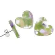 Clous d'oreilles coeur en acétate  14x15.5 mm - Ecaille de tortue - Vert Violet x2