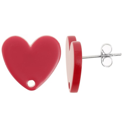 Clous d'oreilles coeur en acrylique 14x15.5 mm - Rouge x2
