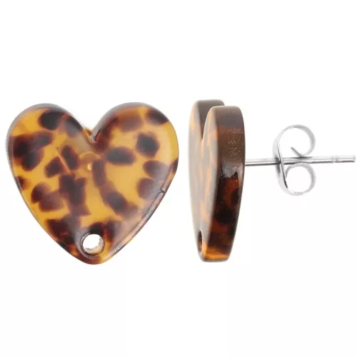 Clous d'oreilles coeur en acétate 14x15.5 mm - Terrazzo Marron - Noir x2