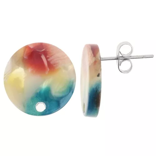 Clous d'oreilles ronds 15 mm en acétate - Ecaille de tortue Multicolore x2
