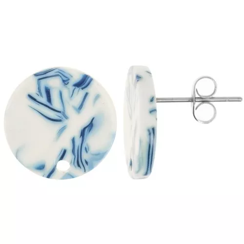 Clous d'oreilles ronds 15 mm en acétate - Marbré Bleu - Blanc x2