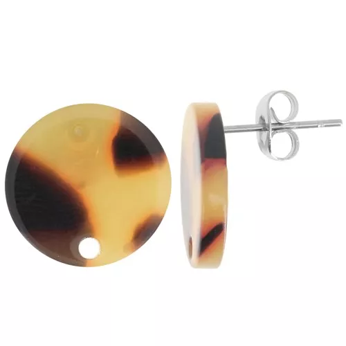 Clous d'oreilles ronds 15 mm en acétate - Ecaille de tortue - Marron - Noir x2