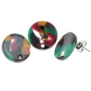 Clous d'oreilles ronds 15 mm en acétate - Ecaille de tortue Vert - Fuchsia x2