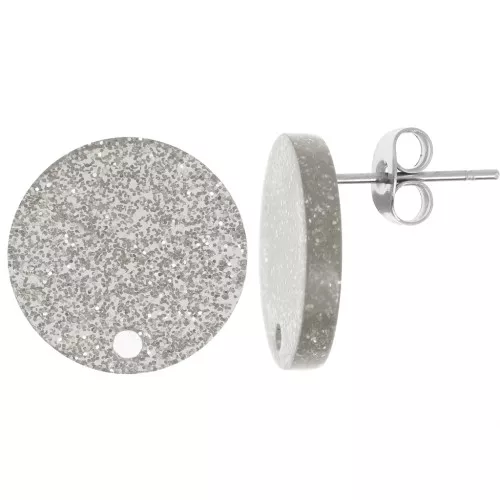 Clous d'oreilles ronds 15 mm en acrylique - Pailleté Argenté x2