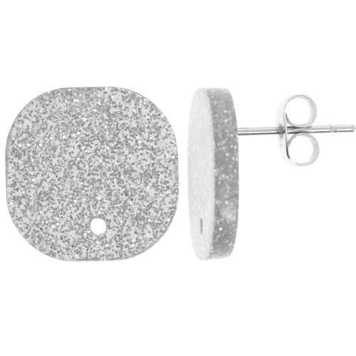 Clous d'oreilles carrés arrondis en acrylique 15 mm -  Pailleté Argenté x2