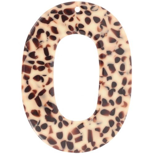 Pendentif ovale évidé 47x34 mm en acétate - Tacheté Marron - Crème x1