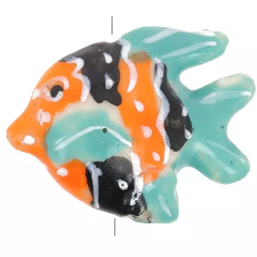 Perle poisson en céramique 17x22 mm - Orange - Bleu - Noir x1