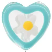 Perle coeur en verre avec motif fleur en résine époxy - 12 mm - Bleu x1