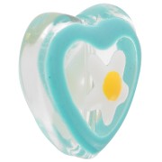 Perle coeur en verre avec motif fleur en résine époxy - 12 mm - Bleu x1